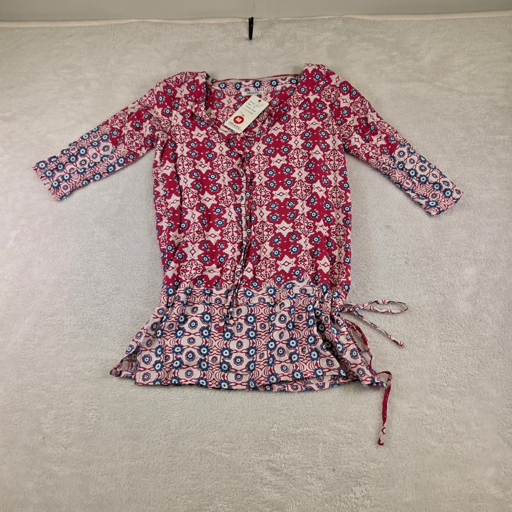 Paradise Bay Womens Red Blue Geometric Floral Tunic Top Split V-Neck Size M